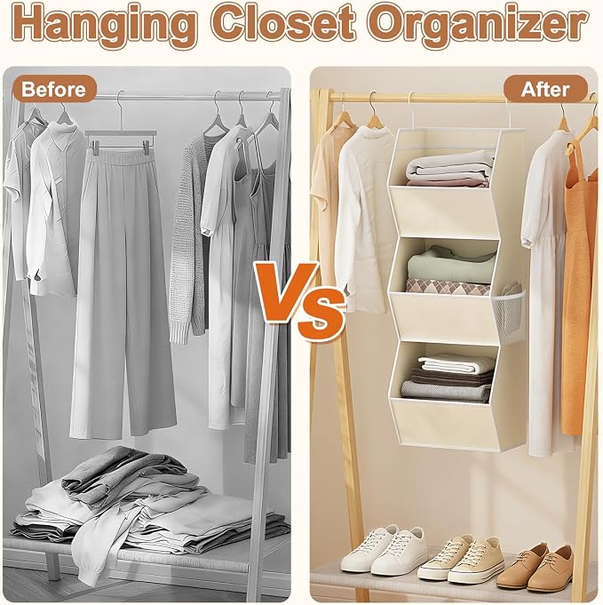 Hanging Closet Organizers and Storage for Kids Room Organization, 3 Tiers | Hanging Closet Shelves for Underwear Swimsuit Storage, Hanging RV Closet Organizers and Storage Camper Closet Organizer Beige - Image 6