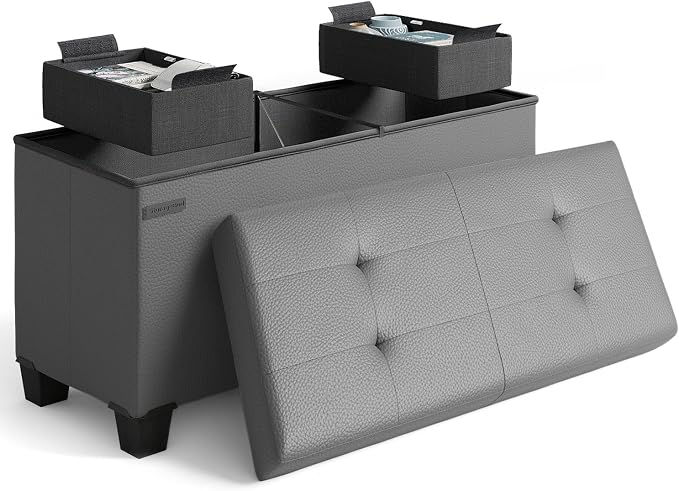 Storage Ottoman Bench with Bins, 30-in Storage Bench for Bedroom End of Bed, Folding Foot Rest Ottoman for Living Room Max 660lbs, Faux Leather Ottomans, Grey by STORAGEBUD