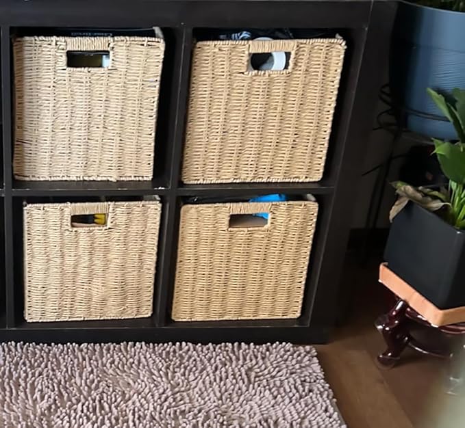 5Pcs Woven Shelf Baskets, 10.5'' Paper Rope Handmade Open Storage Bins, Light Brown Pantry Baskets Organization Basket Foldable Storage Bins for Bedroom, Cubby Cubes Wicker Basket with Handles - Image 7
