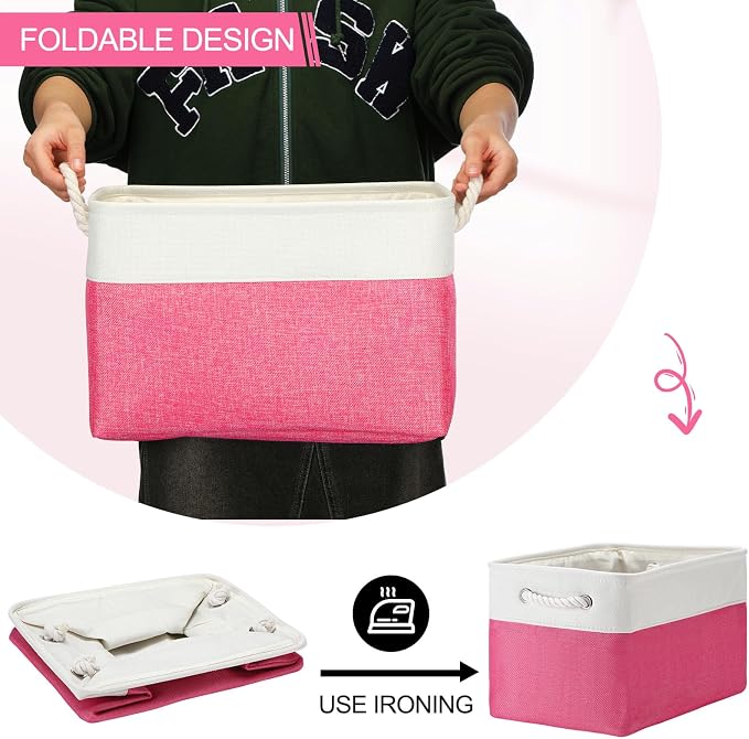 FoldTier 10 Pack Large Collapsible Fabric Storage Baskets with Handles Decorative Storage Bins for Organizing Shelves Toys Clothes (Rose & White,16 x 12 x 10 Inches) - Image 3
