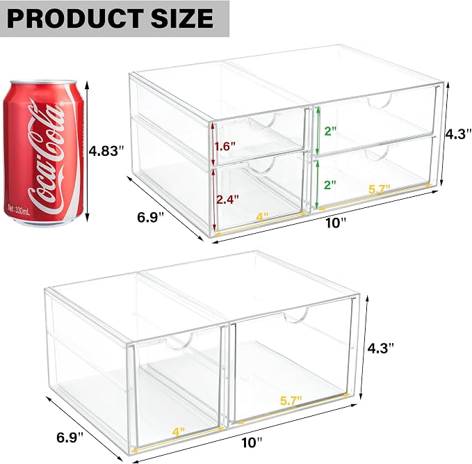 Prsildan Acrylic Makeup Organizer Clear Storage Drawer with 6 Small Drawers | Transparent, Vanity Organizers, For Bathroom Kitchen Cabinet Office Desk Under Sink, Set of 2 - Image 3