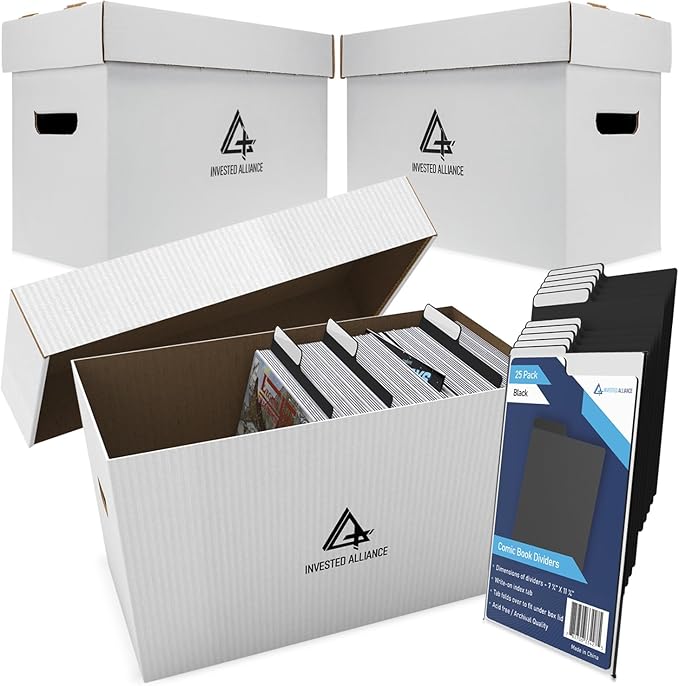 Bundle Set Premium Short Comic Book Storage Box Organizer with Lid | Thick Cardboard Comic Storage Box For Collectibles Fits 150-175 Current/Silver Age, Heavy Duty & Stackable. by InvestedAlliance