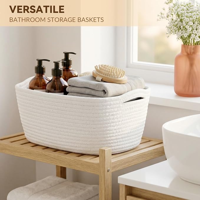 10 Pack Small Woven Baskets for Organizing, 12"x8"x5" White Cotton Rope Storage Bins with Handle, Empty Gift Basket Kit for Baby Shower, Nursery, Shelf, Bathroom & Closet Organizing - Image 5