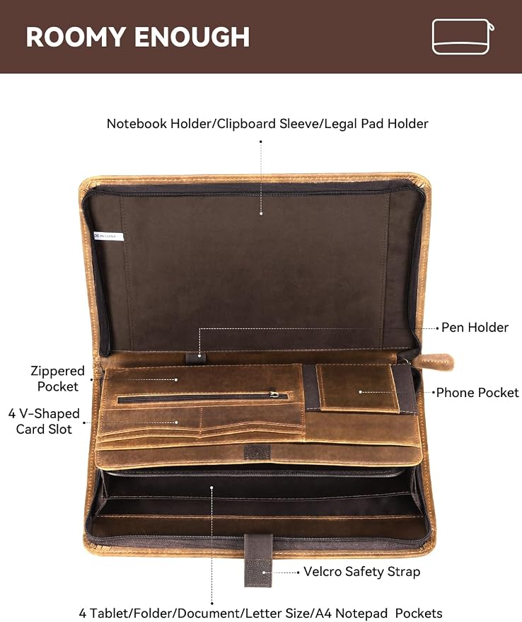 Genuine Leather Portfolio, Professional Padfolio Binder Organizer with Zipper, Stylish Brown Cowhide Padfolio for Men Women, Leather Folio Folder for Business, Legal A4/Pad Holder Compatible - Image 3