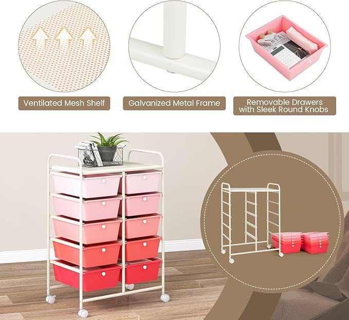 10 Drawer Rolling Cart, Storage Cart Organizer on Wheels, Drawer Cart with Metal Frame & Large Storage Capacity, Rolling Cart with Drawers for Living Room Classroom, Office - Image 7