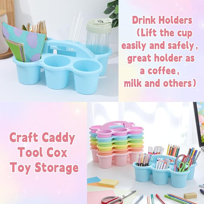 6 Pack Classroom Caddy Organizer with Handle, 6 Compartments, Pastel | Stackable Plastic Table Caddies, 12x9x3.5 In, caddy Organizer for School Supplies, Crayons, Pencils, Crafts and Drink Cups - Image 5