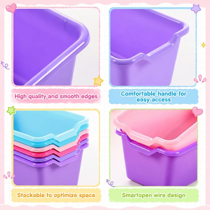 Funrous 6 Pack Plastic Cubby Bins for Classroom, Stackable Storage Bins with Rainbow Labels and Handles Cubby Organizer Containers for Teacher Supplies Home Office Daycare and Playroom (Purple Pastel) - Image 2