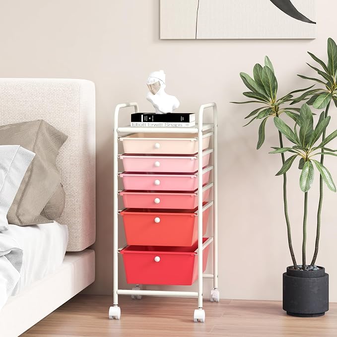 GOFLAME 6-Drawer Rolling Storage Cart, Multifunctional Art Craft Organizer Cart, Mobile Utility Storage Cart with Removable Drawers & Lockable Wheels, Craft Cart for Home Office, School, Pink - Image 9