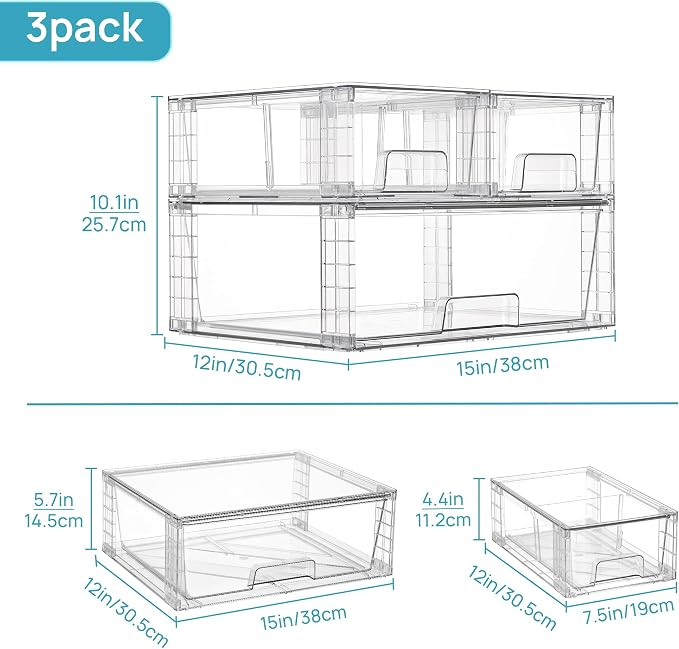 Vtopmart Clear Stackable Storage Drawers, 3 Pack Wide Organizer Set | Wide and Small Pull-Out PET Drawers with Stackable Design for Bathroom Organization, Cabinets, Closets, Pantry and Medicine - Image 3