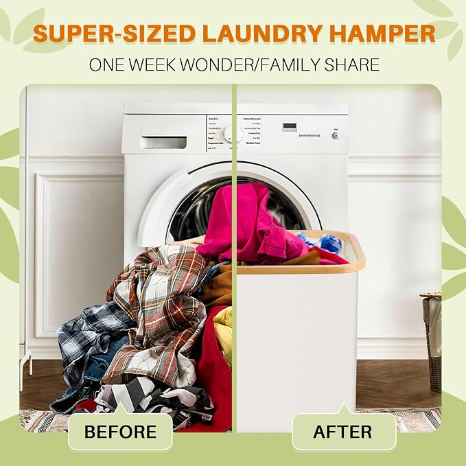 160L Laundry Hamper with Lid, 3 Section Laundry Basket with 3 Removable Bag | Clothes Hampers for Laundry with Bamboo Frame Handle, Large Dirty Clothes Hamper for Laundry Room, Bathroom, Bedroom, Beige - Image 2