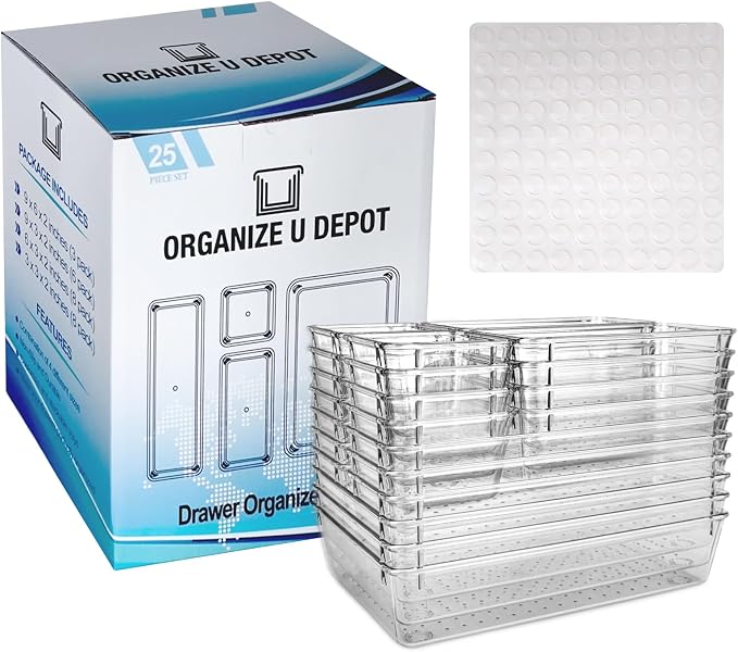 25 Piece - Non-Slip Drawer Organizer Bin Set- Clear bins with stick on non slip pads by Unknown