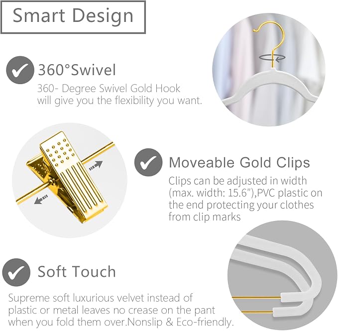 MIZGI Premium Velvet Pants Hangers with Adjustable Clips (Pack of 20) Slim Skirt Hangers- Non Slip Felt Outfit Dress Hangers White - Gold Hooks,Space Saving Shirt Clothes Hangers - Image 3