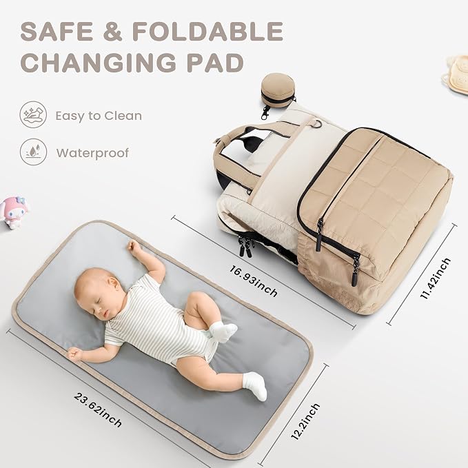 VONAL Diaper Bag Backpack, Lightweight Baby Diaper Bags, Travel Large Diaper Bag with Changing Station, Khiki Diaper Backpack for Boys Girls Newborn with Insulated Pockets, Stroller Straps - Image 8