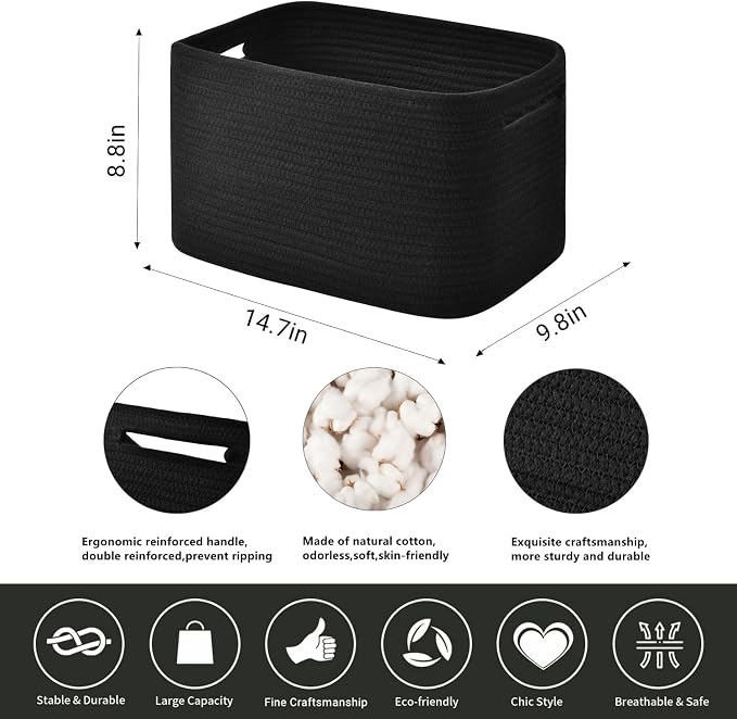 Issudata Storage Basket, Woven and Cotton Rope Baskets for Organizing, Decorative Book, Towel, Toy Baskets or Storage Bins for Living Room - 3 Pack, Black - Image 2
