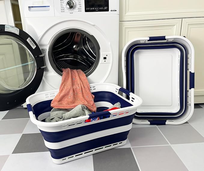 SAMMART Set of 2 Collapsible Plastic Storage Basket - Foldable Pop Up Storage Container - Portable Laundry Organizer - Space Saving Hamper (White/Starry Blue, 42L (Style A)) - Image 2