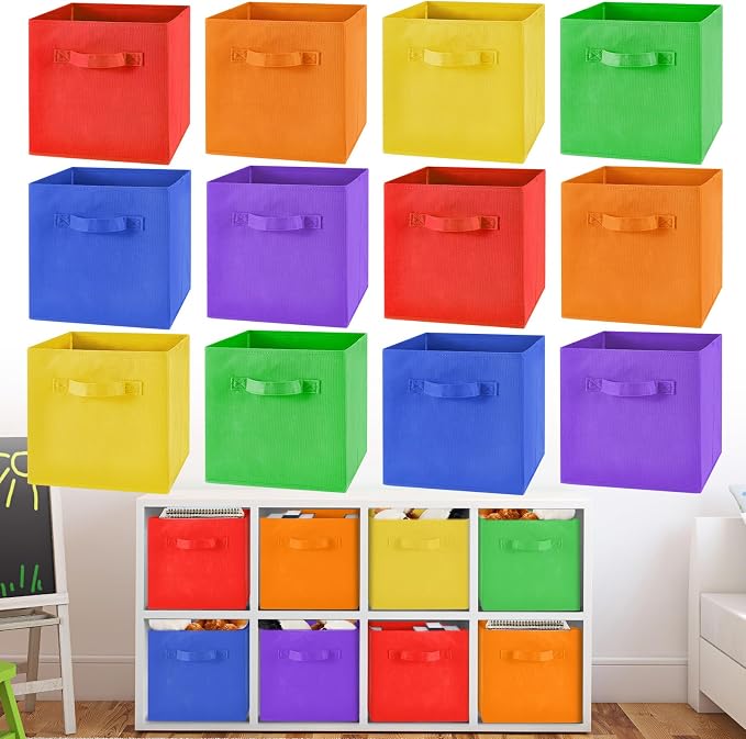 Yinder 12 Pcs Cube Storage Bin Rainbow Colored 10.5''x10.5''x11'' Storage Bins for Kids Classroom Decor Colorful Bins Foldable Baskets for Playroom Nursery Organizer Fabric Boxes by Yinder