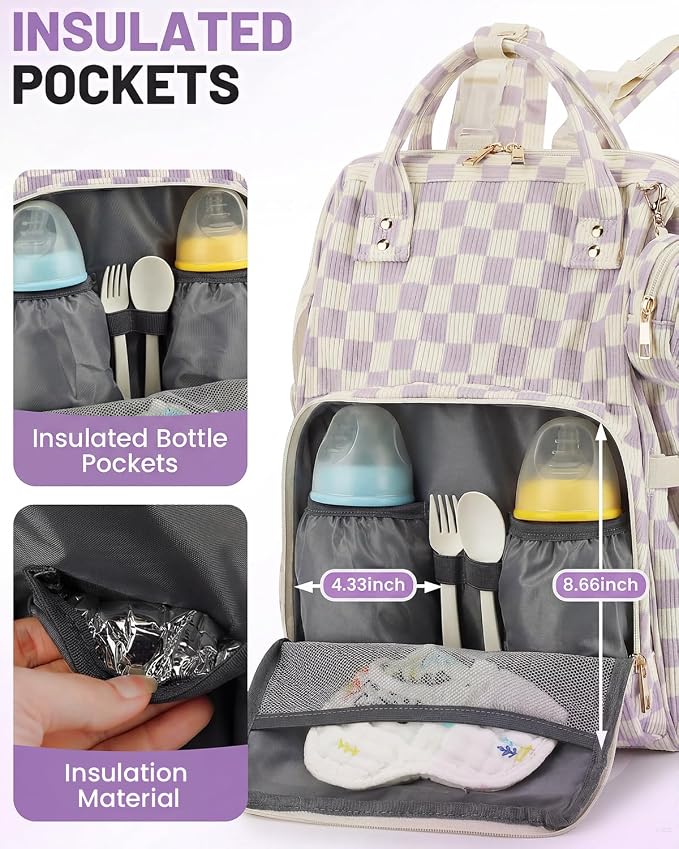 Corduroy Diaper Bag Backpack, Large Capacity Multifunction Baby Diaper Bags for Women, Insulated Bottle Pockets & Pacifier Case, Stylish Travel Nappy Changing Bags for Mom Dad (Checkered Purple) - Image 3