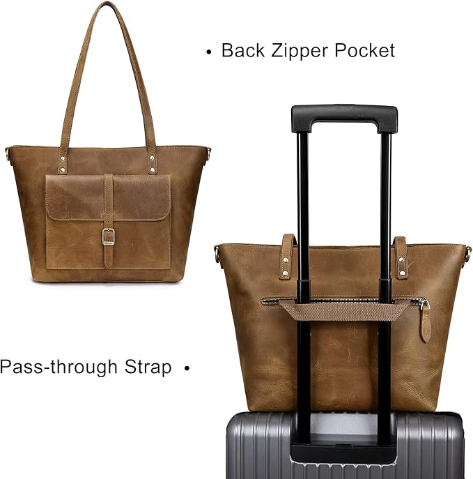 S-ZONE Women Vintage Genuine Leather Tote Bag Large Shoulder Purse Work | 14" Padded Laptop Compartment, Detachable Long Strap, Luggage Strap, Multi Pockets, Travel Everyday - Image 6