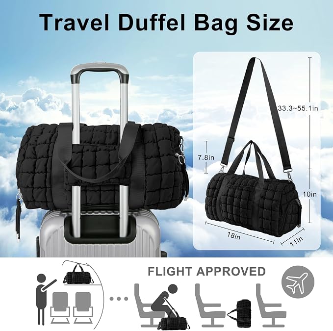 Quilted Travel Duffle Bag Gym Bag for Women,Large Puffer Duffle Weekender Bag with Compartment,Workout Overnight Carry on Organizer Bag Duffle Bag for Airplane Travel(Black) - Image 2