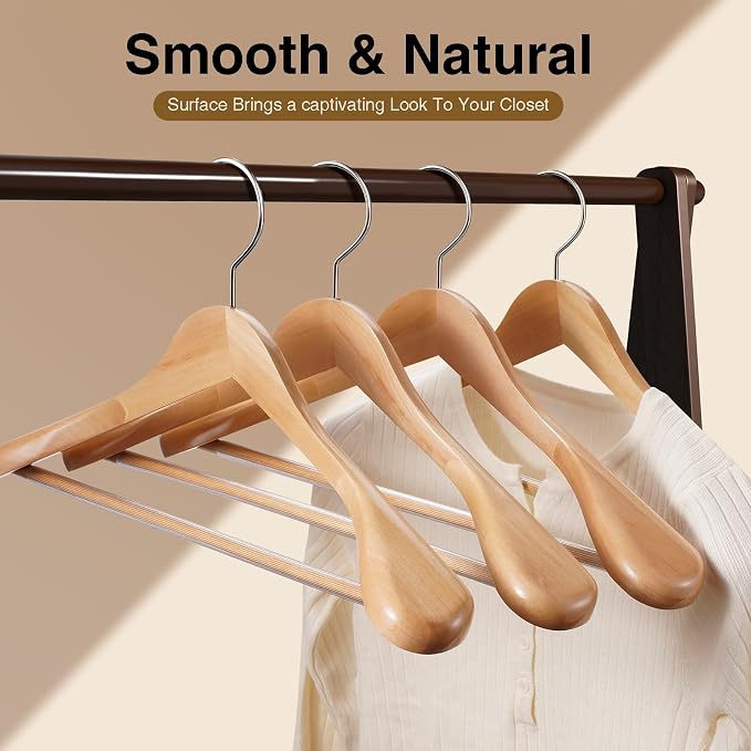 Wide Shoulder Hanger 10 Pack,Solid Wood Hanger,Heavy Duty Suit Hangers,Coat Hangers with Retotating Hooks & Non Slip Pants Bar,Smooth Clothes Hangers for Sweater, Pants, Jacket(Natural - Image 5