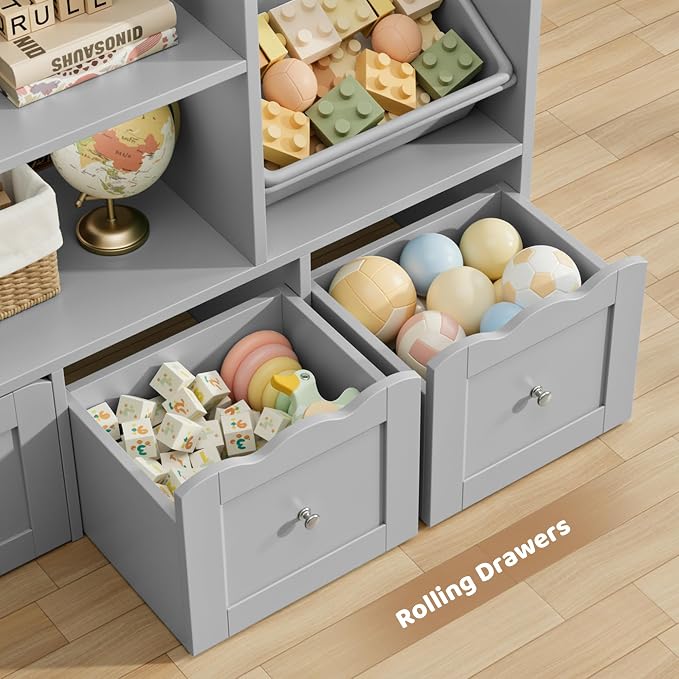 HITHOS 55" W Kids Toy Storage Organizer with 10 Toy Box & Book Shelf, Gray | Large Toy Organizers and Storage with Kids Bookshelf & 6 Plastic Toy Chests & 4 Movable Drawers for Kids Room, Playroom - Image 6