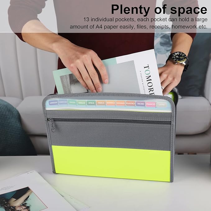 NAFY Expanding File Folders, 2Pack 13 Pockets Document Organizer with Zipper, A4 Letter Size Portable Accordion Expanding File Folders with Multicolor Labels for Office School Supplies (Black+Green) - Image 2