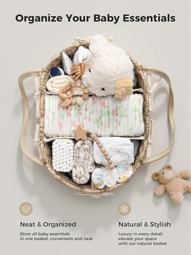 Large Diaper Caddy Organizer, Handwoven Natural Seagrass Basket with 5 Compartments, Scalloped Wicker Changing Table Organizer (Natural, XXL) - Image 4