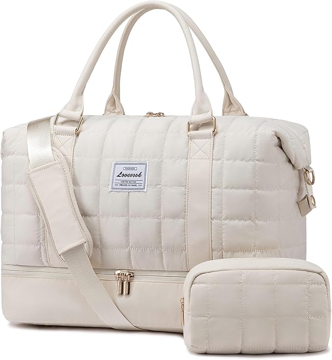 LOVEVOOK Large Duffle Bag for Travel, Puffer Weekend Bags for Women Travel Tote, Carry on Duffel Bag for Airplanes, 18 Inch Personal Item Bag Gym Bag Women, Beige by LOVEVOOK