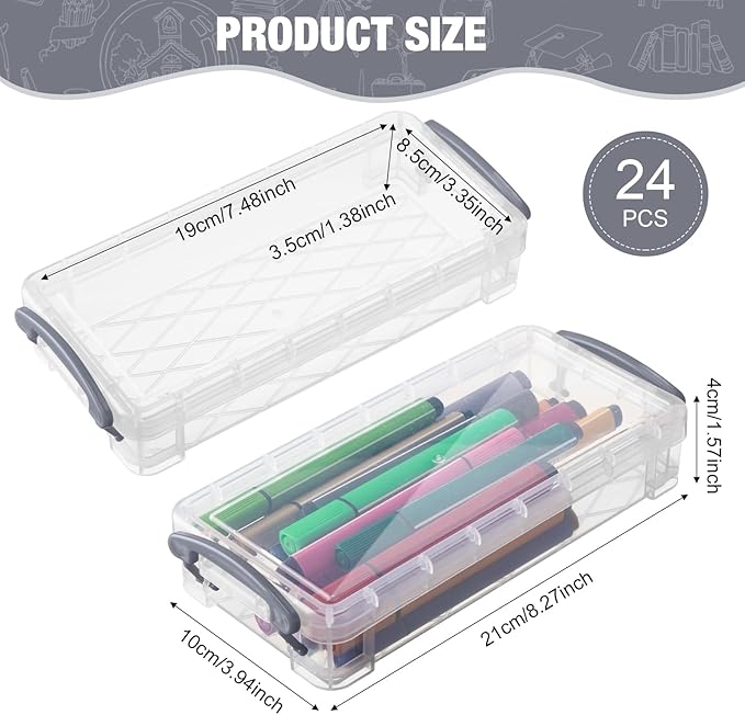 Gueevin 24 Pcs Large Capacity Plastic Pencil Box Clear Plastic Pencil Case Crayon Box with Snap Tight Lid Watercolor Pen Storage Brush Organizer Drawing Tools Container (Gray) - Image 2