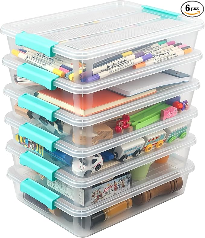 EOENVIVS 6 Pack Craft Storage Bins with Lids, Clear File Boxes, Green Clips | Craft storage bins sensory bins A4 paper US Letter paper classroom art supplies project organization by EasyCozyHomey
