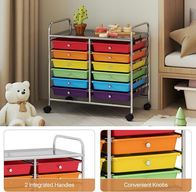 RELAX4LIFE 12-Drawer Rolling Storage Cart Mobile Craft Organizer Colorful | 24.5" Size, 4 Rolling Casters, Metal Frame, For School Teacher Office Salon Art File Supplies - Image 6