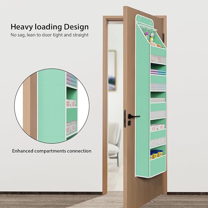 Univivi Fabric Over Door Hanging Organizer for Baby Nursery, Green, 6-Shelf | Door Storage with Large Capacity Breathable Mesh Pockets, Over Door Storage Organizer for Baby Essential, Bedroom, and Dorm - Image 2