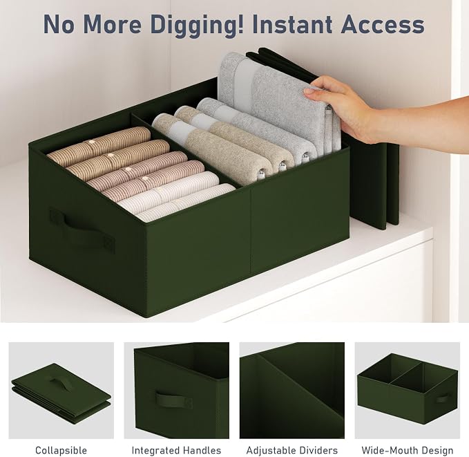 DIMJ Large Closet Shelf Organizer Bins 6 Packs with Handles and Divider, Fabric Trapezoid Storage Baskets, Foldable Clothes Containers Box for Shelf, Towel, Book, Toy, Purse, Hats, Green - Image 4