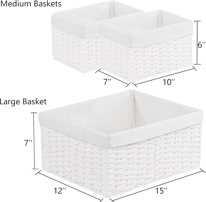 Wicker Basket, Set of 3 Hand-woven Storage Baskets for Organizing, Decorative Rectangle Wicker Storage Basket Bins with Handles, Small Toilet Paper Storage Baskets for Shelves & Decor, White - Image 5