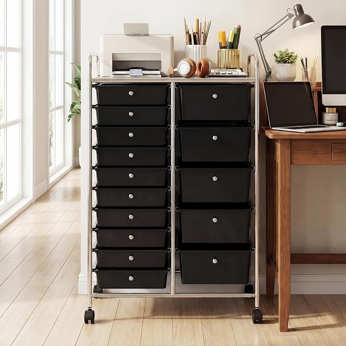 DREAMADE 15-Drawer Rolling Storage Cart, Mobile Craft Cart, Black | Utility Organizer with Lockable Wheels, Removable Plastic Drawers and Metal Frame for Home Office, Classroom and Studio - Image 2