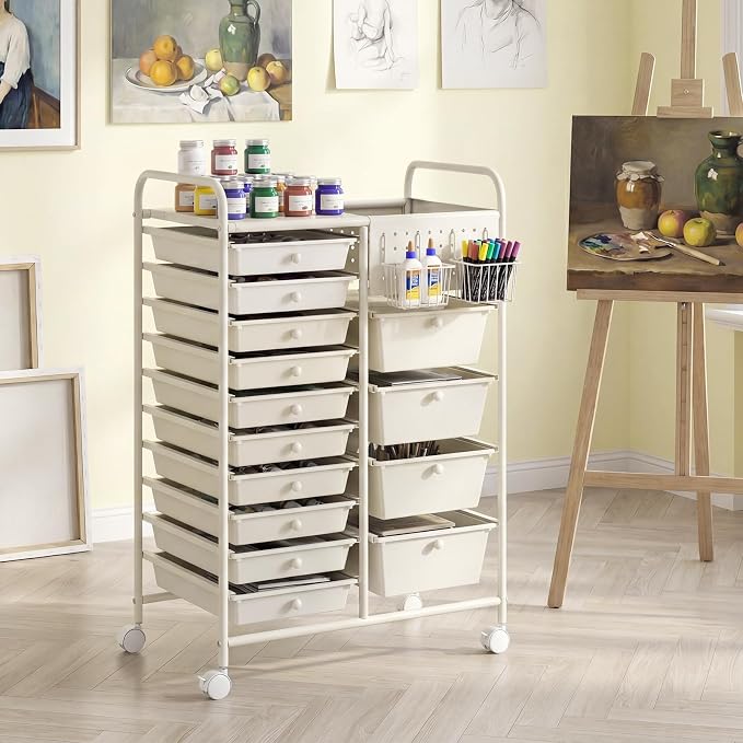 GOFLAME 14-Drawer Rolling Storage Cart with Pegboard, Craft Storage Cart with Lockable Wheels and Metal Frame, Multifunctional Art Cart Supply Storage Organizer for Home Office Classroom, White - Image 2