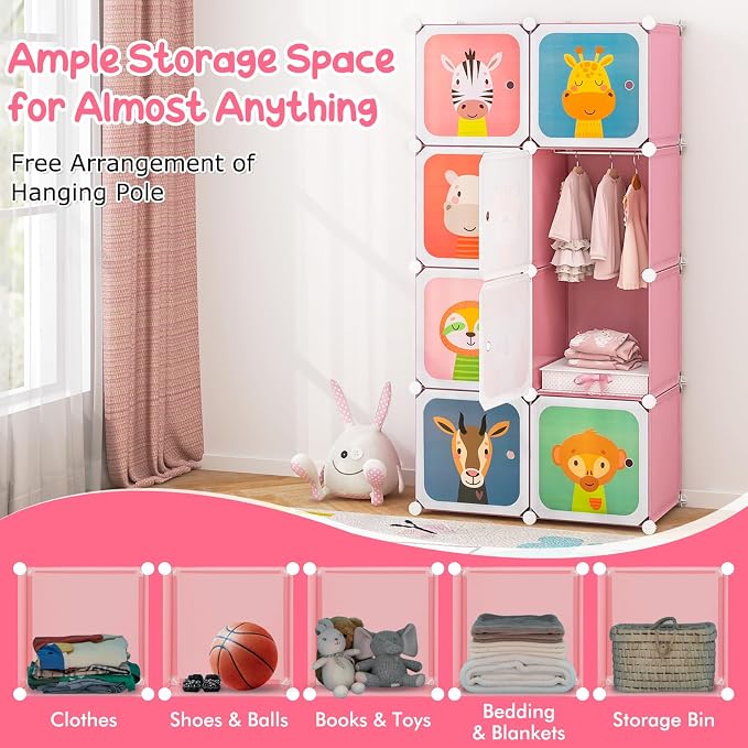 HONEY JOY Kids Wardrobe Closet, Baby Cartoon Clothes Storage Organizer, 8 Cubes & 2 Hanging Sections, Portable Children DIY Modular Bedroom Armoire Dresser Cabinet for Boys Girls (Pink, 8-Cube) - Image 6