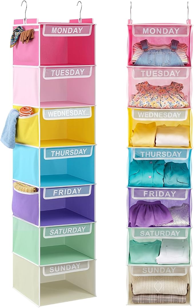 2 Pcs 7 Shelf Weekly Clothes Organizer for Kids Hanging Closet Organizer 11. 8 x 11. 8 x 50 Inch Daily Activity Kids Clothes Storage Drawers Cube Drawers Closet Hanging Shelves (Pastel Color) by Amylove