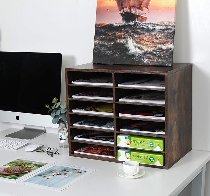 EasyPAG 12 Compartments Wooden Literature Organizer with Adjustable Shelves, 6000 Sheets Capacity Paper Organizer, Classroom Mailbox and Mail Sorter for Teachers and Office, Archaize - Image 4
