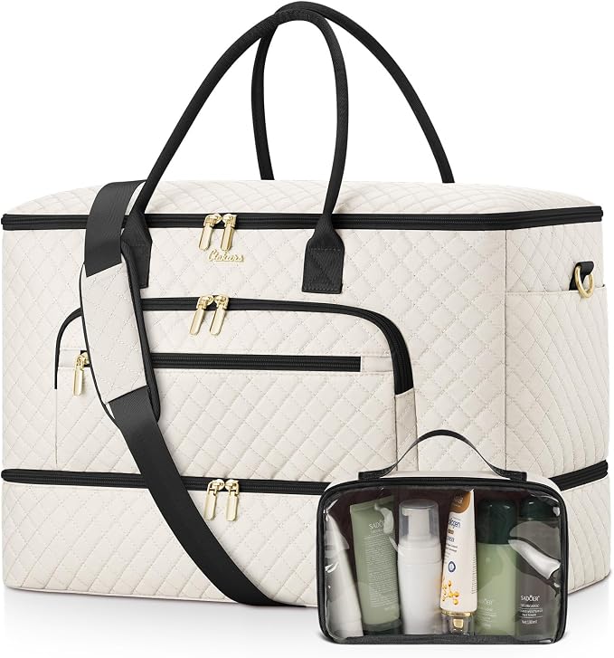 Travel Duffle Bag, Wide Open Large Weekender Bag for Women with Shoe Compartment, Carry on Overnight Bags with Toiletry Bag, Hospital Bag for Women Labor Delivery with Wet Pocket (Beige Black) by Unknown