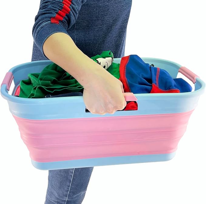 SAMMART 21L (5.5 Galloons) Collapsible Plastic Storge Basket - Foldable Pop Up Storage Container/Organizer - Portable Washing Tub - Space Saving Hamper/Basket (Cool Blue/Maglia Rosa) - Image 7