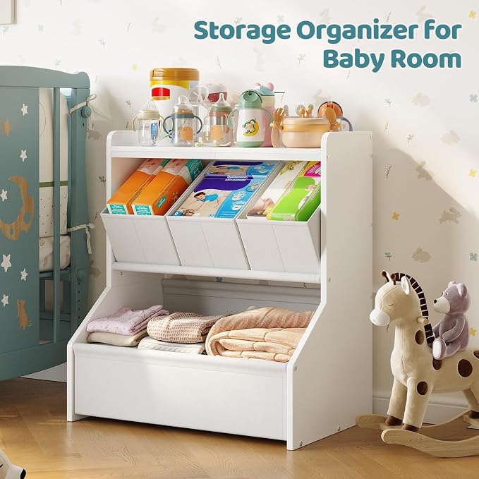 Kids Toy Storage Organizer with Wooden Display Shelf for Playroom & Nursery | Open shelves and removable bins encourage children to read, play and clean up independently, patent design - Image 6