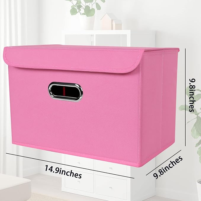 STOREONE Fabric Storage Cube Bins Foldable Organizer Container Collapsible Basket with Lids and Metal Handles, for Home, Bedroom, Closet 6 Pcs (Pink) - Image 2