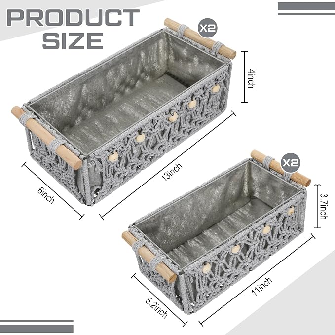 Vesici 4 Pcs Grey Macrame Storage Basket for Shelves 13 in 11 in Boho Storage Basket Hand Woven Boxes with Wood Handles Beads Decorative Countertop Toilet Tank Cabinet Organizer for Home Room Decor - Image 2