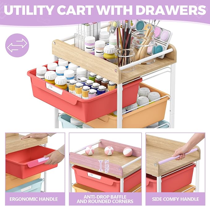 SYKIARIOL Rolling Cart with 6 Drawers,Craft Organizer and Storage,Rainbow | Utility Storage Cart with Drawers,Art Cart,Makeup Organizer With Wooden Tabletop - Image 3