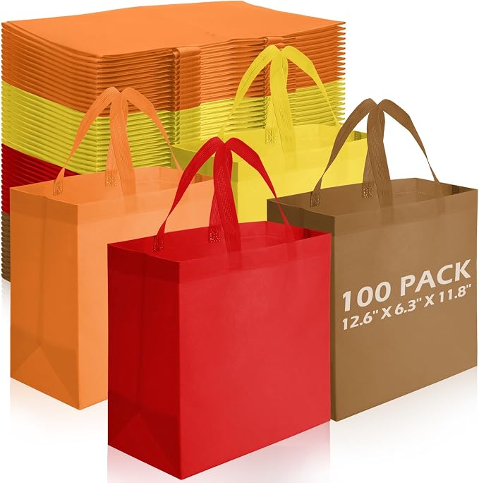 Reginary 100 PCS Non Woven Tote Bags Bulk,Orange, Brown, Yellow, Red | Reusable Shopping Bags with Handles, Stores, Groceries Markets, Events Gift, Party Supplies by Reginary