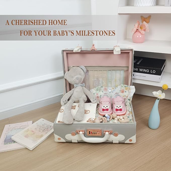 Unitravel Baby Keepsake Case, 16" Handmade Memory Storage Box, Newborn Keepsake Box, Vintage Suitcase for Baby Shower, Baptism, Naming Ceremony or Birthday (Grey) - Image 2
