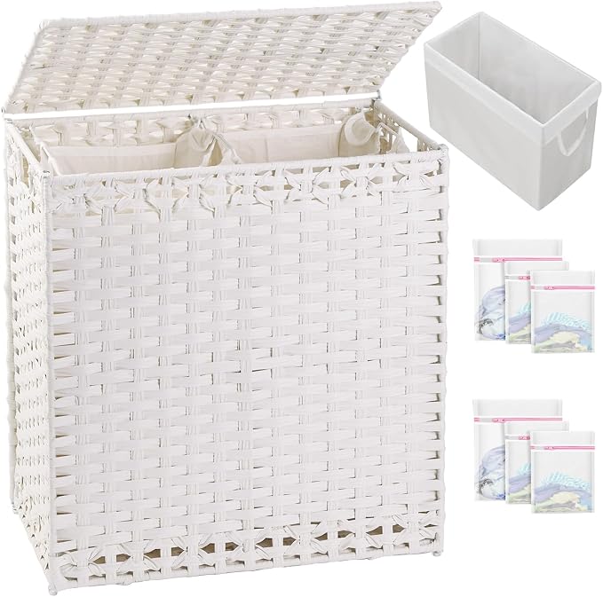 SETVSON Laundry Hamper with Lid Wicker Laundry Basket, White | Decorative Furniture Look for Bathroom & Bedroom, 3-Section Large Wicker Hamper, 3 Cloth Bags, 6 Mesh Bags Included by SETVSON