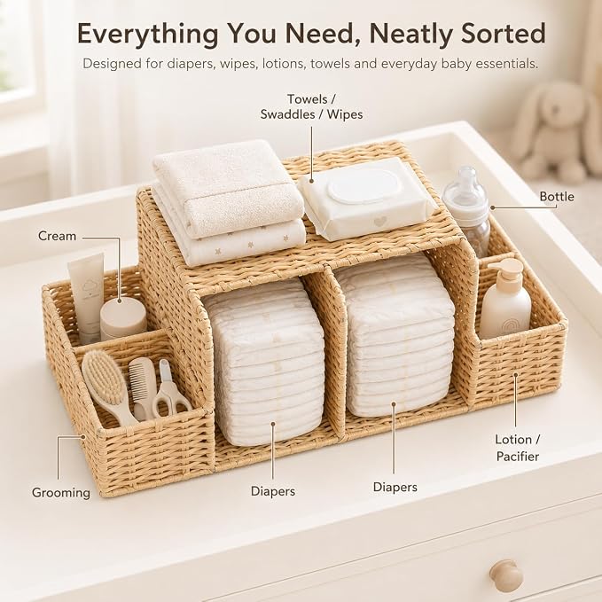 Diaper Caddy Organizer, Baby Changing Table Organizer | Hand Rattan Nursery Storage Basket for Baby Essentials, Perfect Nursery Assistant - Image 2