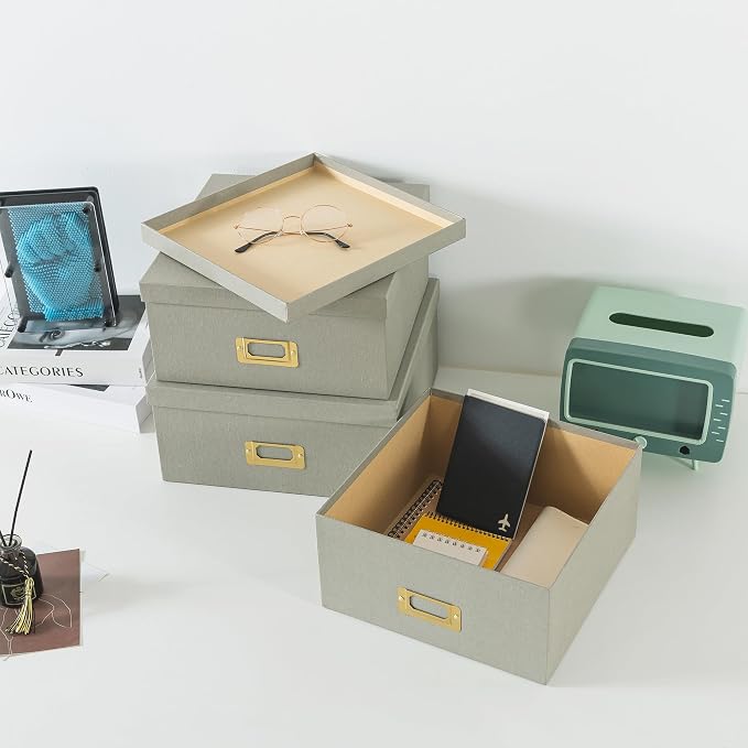 Soul & Lane - Gray Decorative Photo Storage Boxes with Lids, Set of 3 | Square Stacking Kraft Storage with Gold Label Holders, Nesting Cardboard Memory Boxes for Cards, Desk and Home Decor - Image 8